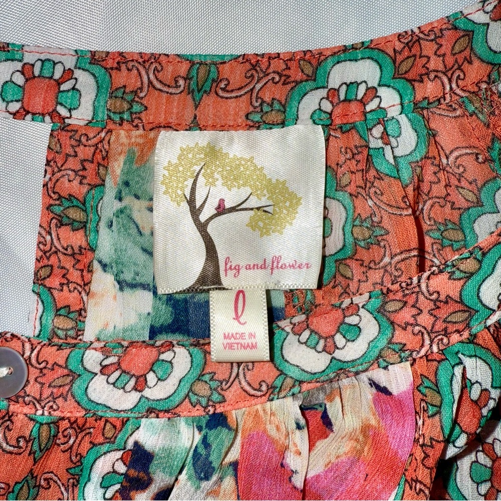 Fig & Flower Women’s‎ Sheer Floral Orange Pink Green BOHO Chic Casual Blouse Top - Picture 8 of 13